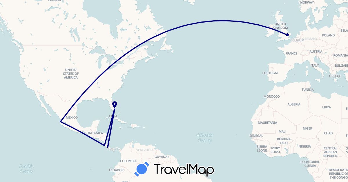 TravelMap itinerary: driving in Costa Rica, United Kingdom, Mexico, United States (Europe, North America)
